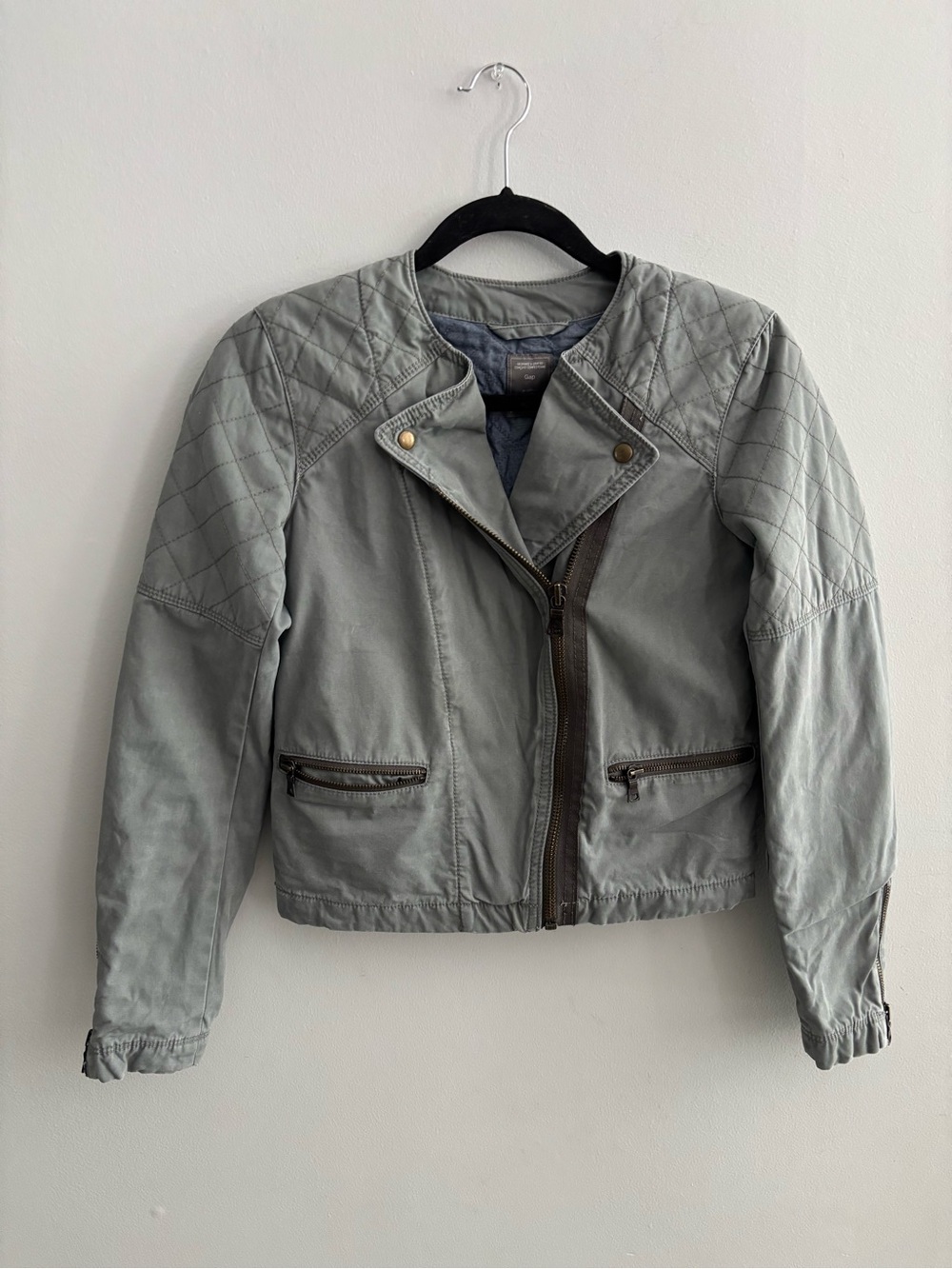 Gap Quilted Moto Jacket Gray Green Cotton Canvas Asymmetrical Zip Size O